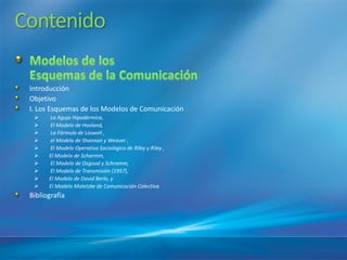 Contenido

 Introducción
 Objetivo
 I. Los Esquemas de los Modelos de Comunicación
      La Aguja Hipodérmica,
      El Modelo de Hovland,
      La Fórmula de Laswell ,
      el Modelo de Shannon y Weaver ,
      El Modelo Operativo Sociológico de Riley y Riley ,
      El Modelo de Scharmm,
      El Modelo de Osgood y Schramm,
      El Modelo de Transmisión (1957),
      El Modelo de David Berlo, y
      El Modelo Maletzke de Comunicación Colectiva
 Bibliografí
           a
 