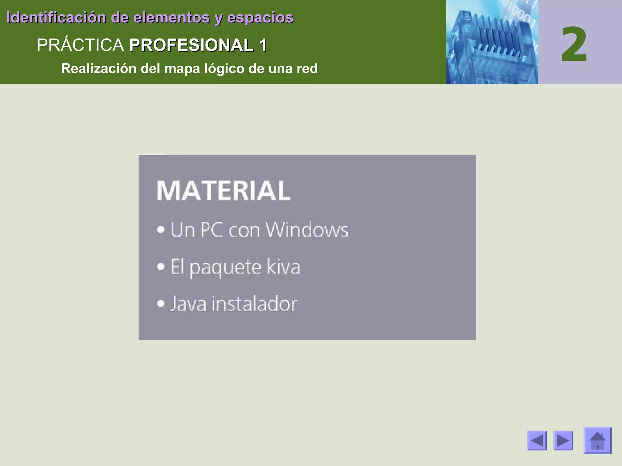 Identificación de elementos y espacios

PRÁCTICA PROFESIONAL 1
Realización del mapa lógico de una red

 