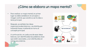 • Para realizar un mapa mental, en primer
lugar se debe establecer el concepto o
imagen central, que vendría a ser la idea o
tema principal.
• Después, se señalan las ideas
organizacionales básicas, y se distribuyen
trazando líneas irradiando en torno al
concepto principal.
• A continuación, en cada una de esas ideas
básicas, son identificadas las palabras clave
que estén asociadas, y son distribuidas en
ramas secundarias.
¿Cómo se elabora un mapa mental?
 