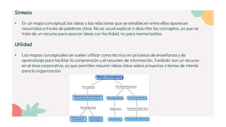 Síntesis
• En un mapa conceptual, las ideas y las relaciones que se establecen entre ellas aparecen
resumidas a través de palabras clave. No es usual explicar o describir los conceptos, ya que se
trata de un recurso para asociar ideas con facilidad, no para memorizarlas.
Utilidad
• Los mapas conceptuales se suelen utilizar como técnica en procesos de enseñanza y de
aprendizaje para facilitar la comprensión y el resumen de información. También son un recurso
en el área corporativa, ya que permiten resumir ideas clave sobre proyectos o temas de interés
para la organización.
 