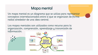 Un mapa mental es un diagrama que se utiliza para representar
conceptos interrelacionados entre sí que se organizan de forma
radial alrededor de una idea central.
Los mapas mentales son utilizados como recurso para la
organización, comprensión, aprendizaje y transmisión de
información.
Mapa mental
 