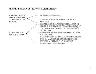 PERFIL DEL MAESTRO UNIVERSITARIO.-

1. TRASMITE SUS     1. DOMINAN SU MATERIA
CONOCIMIENTOS
2. COMUNICA UN      2. SE COMUNICAN FÁCILMENTE CON SUS
MÉTODO                ALUMNOS
                    3. ESTABLECEN RELACIÓN CORDIAL CON EL
                      GRUPO Y SON HÁBILES PARA ORGANIZAR LA
                      PARTICIPACIÓN Y LA MUTUA INTERACCIÓN
                      DEL MISMO
3. COMUNICA SU      4. RESPONDEN EN FORMA PERSONAL A CADA
PERSONALIDAD           ESTUDIANTE
                    5. MANIFIESTA UN ENTUSIASMO CONTAGIOSO
                       POR SU MATERIA, EL QUE DESPIERTA EL
                       INTERÉS Y ESTIMULA LA REACCIÓN
                       POSITIVA DEL ESTUDIANTE




                                                              53
 