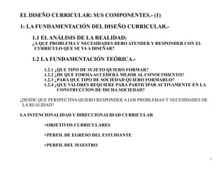 EL DISEÑO CURRICULAR: SUS COMPONENTES.- (1)
1: LA FUNDAMENTACIÓN DEL DISEÑO CURRICULAR.-
    1.1 EL ANÁLISIS DE LA REALIDAD:
    ¿A QUE PROBLEMA Y NECESIDADES DEBO ATENDER Y RESPONDER CON EL
     CURRICULO QUE SE VA A DISEÑAR?

    1.2 LA FUNDAMENTACIÓN TEÓRICA.-
         1.2.1 ¿QUE TIPO DE SUJETO QUIERO FORMAR?
         1.2.2 ¿DE QUE FORMA ACCEDERÁ MEJOR AL CONOCIMIENTO?
         1.2.3 ¿PARA QUE TIPO DE SOCIEDAD QUIERO FORMARLO?
         1.2.4 ¿QUE VALORES REQUIERE PARA PARTICIPAR ACTIVAMENTE EN LA
                CONSTRUCCION DE DICHA SOCIEDAD?

¿DESDE QUE PERSPECTIVA QUIERO RESPONDER A LOS PROBLEMAS Y NECESIDADES DE
 LA REALIDAD?

LA INTENCIONALIDAD Y DIRECCIONALIDAD CURRICULAR

         +OBJETIVOS CURRICULARES

         +PERFIL DE EGRESO DEL ESTUDIANTE

         +PERFIL DEL MAESTRO

                                                                           57
 