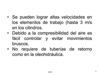• Se pueden lograr altas velocidades en
  los elementos de trabajo (hasta 3 m/s
  en los cilindros.
• Debido a la compresibilidad del aire es
  fácil controlar y evitar movimientos
  bruscos.
• No requiere de tuberías de retorno
  como en la oleohidráulica.


                   AOHB                     11
 