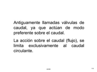 Antiguamente llamadas válvulas de
caudal, ya que actúan de modo
preferente sobre el caudal.
La acción sobre el caudal (flujo), se
limita exclusivamente al caudal
circulante.



                 AOHB                   115
 