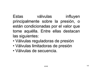 Estas         válvulas        influyen
principalmente sobre la presión, o
están condicionadas por el valor que
tome aquélla. Entre ellas destacan
las siguientes:
• Válvulas reguladoras de presión
• Válvulas limitadoras de presión
• Válvulas de secuencia.


                 AOHB                    120
 