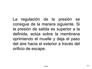 La regulación de la presión se
consigue de la manera siguiente. Si
la presión de salida es superior a la
definida, actúa sobre la membrana
oprimiendo el muelle y deja el paso
del aire hacia el exterior a través del
orificio de escape.



                  AOHB                    128
 