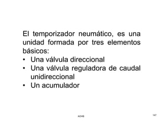 El temporizador neumático, es una
unidad formada por tres elementos
básicos:
• Una válvula direccional
• Una válvula reguladora de caudal
  unidireccional
• Un acumulador



               AOHB                  147
 