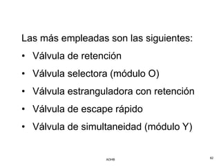 Las más empleadas son las siguientes:
• Válvula de retención
• Válvula selectora (módulo O)
• Válvula estranguladora con retención
• Válvula de escape rápido
• Válvula de simultaneidad (módulo Y)


                  AOHB                   82
 
