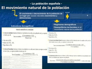 El movimiento natural de la población - La población española - El crecimiento o decrecimiento de la población de un lugar por  causas naturales  (nacimientos y defunciones). es Regímenes demográficos Desequilibrios territoriales  en el movimiento natural de la población incluye Crecimiento natural  o  vegetativo Indicadores demográficos 