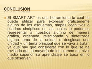 CONCLUSIÓN
 El SMART ART es una herramienta la cual se
puede utilizar para expresar gráficamente
alguno de los esquemas, mapas cognitivos o
cuadros sinópticos en las cuales le podemos
representar a nuestros alumno de manera
grafica, ordenada, relacionada y sintetizada
alguna tema de la unidad o desglosar una
unidad y un tema principal que se vaya a tratar,
ya que hay que considerar con lo que se ha
revisado que la mayoría de los alumno del nivel
medio superior su aprendizaje se basa en lo
que observan.
9
 