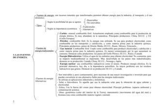 - Fuentes de energía: son recursos naturales que transformados permiten obtener energía para la industria, el transporte y el uso
                 doméstico.
                                                                           - Renovables
                             - Según la posibilidad de que se agoten:      - No renovables
                 - Tipos:
                                                                      - Tradicionales
                             - Según su importancia económica:        - Alternativas
                                           - Carbón: mineral combustible fósil. Actualmente empleado como combustible para la producción de
                                             energía térmica. Es muy abundante en la naturaleza. Principales productores: China, EE.UU. y UE
                                             (Unión Europea).
                                           - Petróleo: combustible fósil. Es la energía más utilizada. Se usa para producir electricidad, como
                                             combustible en los transportes y calefacción, y como materia prima para la industria química.
                                             Principales productores: países de Oriente Medio, EE.UU., Rusia., México, Venezuela...
                 - Fuentes de              .- Gas natural: Combustible fósil. Usado como combustible para producir electricidad y calefacción y
                 energía tradicionales:      como materia prima para la industria química. Es menos contaminante por lo que aumentará su
                                             consumo. Destacan como productores: los países del Golfo Pérsico, EE.UU., Rusia y Canadá.
3. LAS FUENTES
                                           - Energía Hidroeléctrica: Utiliza el agua de los embalses para obtener electricidad. No contamina, pero
DE ENERGÍA:
                                             su impacto medioambiental es importante. Muy desarrollada en los países más industrializados,
                                             destacan en su producción: Canadá, China, EE.UU., Noruega y Japón.
                                           - Energía nuclear: usa combustibles radioactivos como el uranio. Producen energía eléctrica. Es la
                                             principal alternativa, hoy día, a la dependencia petrolífera. Su mayor problema son los residuos
                                             radioactivos que genera. Destacan en su producción EE.UU. y Canadá.

                                          - Son renovables y poco contaminantes, pero necesitan de una mayor investigación e inversión para que
                                            puedan convertirse en una alternativa fiable para las energías tradicionales.
                 - Fuentes de energía
                                          - Se utilizan en aplicaciones industriales y domésticas.
                 Alternativas:
                                          - Solar o fotovoltaica. Es aquella que usa la radiación solar para la obtención de agua caliente y
                                            electricidad.
                                          - Eólica. Usa la fuerza del viento para obtener electricidad. Principal problema: impacto ambiental y
                                            contaminación acústica.
                                          - Otras: geotérmica (calor del interior de la Tierra), mareomotriz (movimiento del agua del mar) y
                                            biomasa (usa como combustible materia vegetal o animal).

2
 