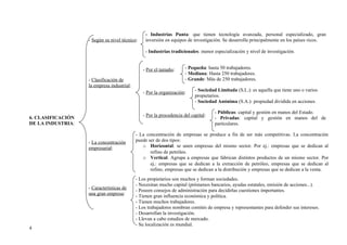 - Industrias Punta: que tienen tecnología avanzada, personal especializado, gran
                   - Según su nivel técnico:    inversión en equipos de investigación. Se desarrolla principalmente en los países ricos.

                                                - Industrias tradicionales: menor especialización y nivel de investigación.


                                               - Por el tamaño:      - Pequeña: hasta 50 trabajadores.
                                                                     - Mediana: Hasta 250 trabajadores.
                   - Clasificación de                                - Grande: Más de 250 trabajadores.
                   la empresa industrial:
                                                                          - Sociedad Limitada (S.L.): es aquella que tiene uno o varios
                                               - Por la organización:
                                                                          propietarios.
                                                                          - Sociedad Anónima (S.A.): propiedad dividida en acciones.

                                                                                   - Públicas: capital y gestión en manos del Estado.
                                               - Por la procedencia del capital:
6. CLASIFICACIÓN                                                                   - Privadas: capital y gestión en manos del de
DE LA INDUSTRIA:                                                                   particulares.

                                            - La concentración de empresas se produce a fin de ser más competitivas. La concentración
                   - La concentración       puede ser de dos tipos:
                   empresarial:                o Horizontal: se unen empresas del mismo sector. Por ej.: empresas que se dedican al
                                                   refino de petróleo.
                                               o Vertical. Agrupa a empresas que fabrican distintos productos de un mismo sector. Por
                                                   ej.: empresas que se dedican a la extracción de petróleo, empresas que se dedican al
                                                   refino, empresas que se dedican a la distribución y empresas que se dedican a la venta.
                                            - Los propietarios son muchos y forman sociedades.
                                            - Necesitan mucho capital (préstamos bancarios, ayudas estatales, emisión de acciones...).
                   - Características de     - Poseen consejos de administración para decidirlas cuestiones importantes.
                   una gran empresa:        - Tienen gran influencia económica y política.
                                            - Tienen muchos trabajadores.
                                            - Los trabajadores nombran comités de empresa y representantes para defender sus intereses.
                                            - Desarrollan la investigación.
                                            - Llevan a cabo estudios de mercado.
                                            - Su localización es mundial.
4
 