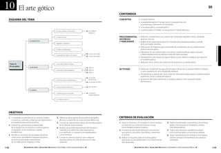 10                El arte gótico                                                                                                                                                                                                                                             10
                                                                                                                                            CONTENIDOS

  ESQUEMA DEL TEMA                                                                                                                          concepToS                  • Contexto histórico.
                                                                                                                                                                       • La arquitectura gótica. El templo gótico. La arquitectura civil.
                                                                                                                                                                         La arquitectura cisterciense y el monasterio.
                                                                                                                                                                       • La escultura gótica. La portada gótica.
                                                                                                                      Los edificios
                                                                                                                                                                       • La pintura gótica. El retablo. La pintura mural. El retrato flamenco.
                                                                      El nuevo sistema constructivo
                                                                                                                      religiosos

                                                                      El Gótico francés                                                     procedimienToS, • Definición, comprensión y uso correcto del vocabulario específico: nervio, arbotante,
                                                                                                                                            deSTreZaS         pináculo, coro, etc.
                               La arquitectura                                                                                              Y HaBilidadeS   • Análisis de las características técnicas y formales de la arquitectura gótica y estudio
                                                                      Inglaterra y Alemania
                                                                                                                                                                           de los principales modelos.
                                                                                                                                                                       •   Observación de imágenes para comprender las características de las manifestaciones




                                                                                                                                                                                                                                                                                  programaciÓn de aula
                                                                      El Gótico mediterráneo                                                                               artísticas del arte gótico.
                                                                                                                                                                       •   Elaboración de una síntesis sobre la escultura y la pintura góticas; rasgos comunes
                                                                                                                      Corona de Castilla                                   y diferenciadores entre los distintos estilos del Gótico europeo.
                                                                      La arquitectura gótica en España
                                                                                                                      Corona de Aragón
                                                                                                                                                                       •   Interpretación y descripción de algunas de las escenas bíblicas y religiosas que aparecen
                                                                                                                                                                           en la plástica gótica.
                                                                                                                                                                       •   Aplicación de un sistema de comentario de la pintura a un retablo gótico.
      Tema 10.                                                        La escultura gótica europea
      el arte gótico           La escultura                                                                           Siglo XIII
                                                                      La escultura gótica española                    Siglo XIV             acTiTudeS                  • Interés por comprender las obras de arte gótico dentro de su contexto histórico y artístico
                                                                                                                                                                         y como manifestación de la religiosidad medieval.
                                                                                                                      Siglo XV
                                                                                                                                                                       • Percepción de la obra de arte como fuente de información básica sobre el contexto político,
                                                                                                                                                                         económico, social y cultural de la época.
                                                                                                                      La escuela
                                                                      La pintura gótica mediterránea                  de Florencia                                     • Apreciación del Gótico dentro de un contexto urbano y como desarrollo natural
                                                                                                                      La escuela de Siena                                del Románico.

                                                                      La pintura gótica flamenca                      Jan van Eyck

                               La pintura

                                                                      La pintura gótica en España                     La pintura
                                                                                                                      hispanoflamenca

                                                                      Las vidrieras góticas




  ObjETIVOS
  1. Comprender la naturaleza de los cambios sociales,                 4. Diferenciar obras góticas de procedencia geográfica               CRITERIOS DE EVALUACIÓN
     económicos, culturales y religiosos que determinaron                 diversa y comprender las causas de estas diferencias.
     las manifestaciones artísticas góticas.                           5. Conocer las características básicas de la escultura gótica        1. Situar en el tiempo y en el espacio el Gótico europeo             4. Explicar las principales características de la pintura
  2. Conocer las características fundamentales                            en las diversas zonas europeas.                                      y analizar las circunstancias históricas en que                      gótica, mencionando las tendencias y artistas
     de la arquitectura, la escultura y la pintura góticas,            6. Analizar una portada representativa del Románico                     se encontraba Europa en la época.                                    más representativos.
     compararlas con las románicas y analizar                             e identificar los elementos más característicos                   2. Enumerar los principales elementos constructivos                  5. Indicar qué relaciones y paralelismos existen
     las diferencias.                                                     y su significado, y comparar la iconografía gótica                   que aporta el arte gótico, describirlos y determinar                 entre la pintura gótica y el arte de las vidrieras.
  3. Identificar y reconocer los principales elementos                    con la románica.                                                     su función.                                                       6. Situar correctamente en el tiempo y en el espacio
     constructivos que definen la arquitectura gótica,                 7. Conocer los diversos aspectos que configuran                      3. Realizar un esquema sobre la escultura gótica                        distintos ejemplos de manifestaciones artísticas
     así como las principales características                             la pintura gótica, así como las distintas escuelas                   que recoja sus principales estilos y sus características             estudiadas.
     de sus edificaciones religiosas y civiles.                           existentes.                                                          más destacadas.

118                    ◾ HiSToria del arTe 2.° BacHilleraTo ◾ MATERIAL FOTOCOPIABLE © SANTILLANA EDUCACIÓN, S. L. ◾                                              ◾ HiSToria del arTe 2.° BacHilleraTo ◾ MATERIAL FOTOCOPIABLE © SANTILLANA EDUCACIÓN, S. L. ◾                 119
 