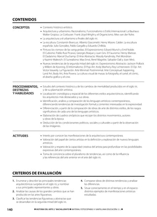 CONTENIDOS
      concepToS               • Contexto histórico-artístico.
                              • Arquitectura y urbanismo. Racionalismo, Funcionalismo o Estilo Internacional. La Bauhaus:
                                Walter Gropius. Le Corbusier. Frank Lloyd Wright y el Organicismo. Mies van der Rohe.
                              • La arquitectura y el urbanismo a finales del siglo XX.
                              • La escultura. Constantin Brancusi. Alberto Giacometti. Henry Moore. Calder. La escultura
                                española: Julio González, Pablo Gargallo y Eduardo Chillida.
                              • Pintura: los «ismos» de las vanguardias. El Expresionismo: Edvard Munch y Emil Nolde.
                                El Cubismo: Pablo Ruiz Picasso, Georges Braque y Juan Gris. El Fauvismo: Henry Matisse.
                                El Dadaísmo: Marcel Duchamp. El Arte Abstracto: Wassily Kandinsky, Piet Mondrian
                                y Kazimir Malevich. El Surrealismo: Max Ernst, René Magritte, Salvador Dalí y Joan Miró.
                              • Nuevas tendencias de la segunda mitad del siglo XX. Expresionismo Abstracto: Jackson Pollock
                                y Willem de Kooning. El Informalismo. El Pop-Art: Andy Warhol y Roy Lichtenstein. El Op- Art:
                                Victor Vasarely. La Figuración. Arte Minimal. Postminimal. Arte Conceptual: happening,
                                Land Art, Body Art, Arte Povera. La cultura visual de masas: la fotografía, el cartel, el cómic,
                                el diseño gráfico y el cine.


      procedimienToS, • Estudio del contexto histórico y de los cambios de mentalidad producidos en el siglo XX,
      deSTreZaS         y de su plasmación artística.
      Y HaBilidadeS   • Localización cronológica y espacial de los diferentes estilos arquitectónicos, identificando
                                los arquitectos más destacados y sus obras.
                              • Identificación, análisis y comparación de los lenguajes artísticos contemporáneos,
                                diferenciando tendencias de investigación formal y corrientes interesadas en la expresividad.
                              • Diferenciación, a partir de la comparación de obras de arte de distintos estilos, de los rasgos
                                significativos de cada uno de los lenguajes artísticos.
                              • Elaboración de cuadros sinópticos que recojan los distintos movimientos, autores
                                y obras de la época.
                              • Deducción de los condicionantes políticos, sociales y culturales a partir de la observación
                                de las imágenes.


      acTiTudeS               • Interés por conocer las manifestaciones de la arquitectura contemporánea.
                              • Valoración del papel de ciertos artistas en la definición y exploración de nuevos lenguajes
                                artísticos.
                              • Valoración y respeto de la capacidad creativa del artista para profundizar en las posibilidades
                                expresivas del arte contemporáneo.
                              • Toma de conciencia sobre el pluralismo de tendencias, así como de la influencia
                                y las referencias del arte anterior en el arte del siglo XX.




  CRITERIOS DE EVALUACIÓN
  1. Enumerar y describir las principales tendencias                    4. Comparar obras de distintas tendencias y analizar
     arquitectónicas surgidas en el siglo XX, y nombrar                    las diferencias.
     a sus principales representantes y obras.                          5. Situar correctamente en el tiempo y en el espacio
  2. Analizar las causas de los grandes cambios que se han                 distintos ejemplos de manifestaciones artísticas
     producido en las artes figurativas.                                   estudiadas.
  3. Clasificar las tendencias figurativas y abstractas que
     se desarrollan en la segunda mitad del siglo XX.

140                     ◾ HiSToria del arTe 2.° BacHilleraTo ◾ MATERIAL FOTOCOPIABLE © SANTILLANA EDUCACIÓN, S. L. ◾
 