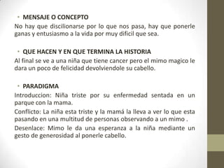 • MENSAJE O CONCEPTO
No hay que discilionarse por lo que nos pasa, hay que ponerle
ganas y entusiasmo a la vida por muy dificil que sea.

 • QUE HACEN Y EN QUE TERMINA LA HISTORIA
Al final se ve a una niña que tiene cancer pero el mimo magico le
dara un poco de felicidad devolviendole su cabello.

 • PARADIGMA
Introduccion: Niña triste por su enfermedad sentada en un
parque con la mama.
Conflicto: La niña esta triste y la mamá la lleva a ver lo que esta
pasando en una multitud de personas observando a un mimo .
Desenlace: Mimo le da una esperanza a la niña mediante un
gesto de generosidad al ponerle cabello.
 