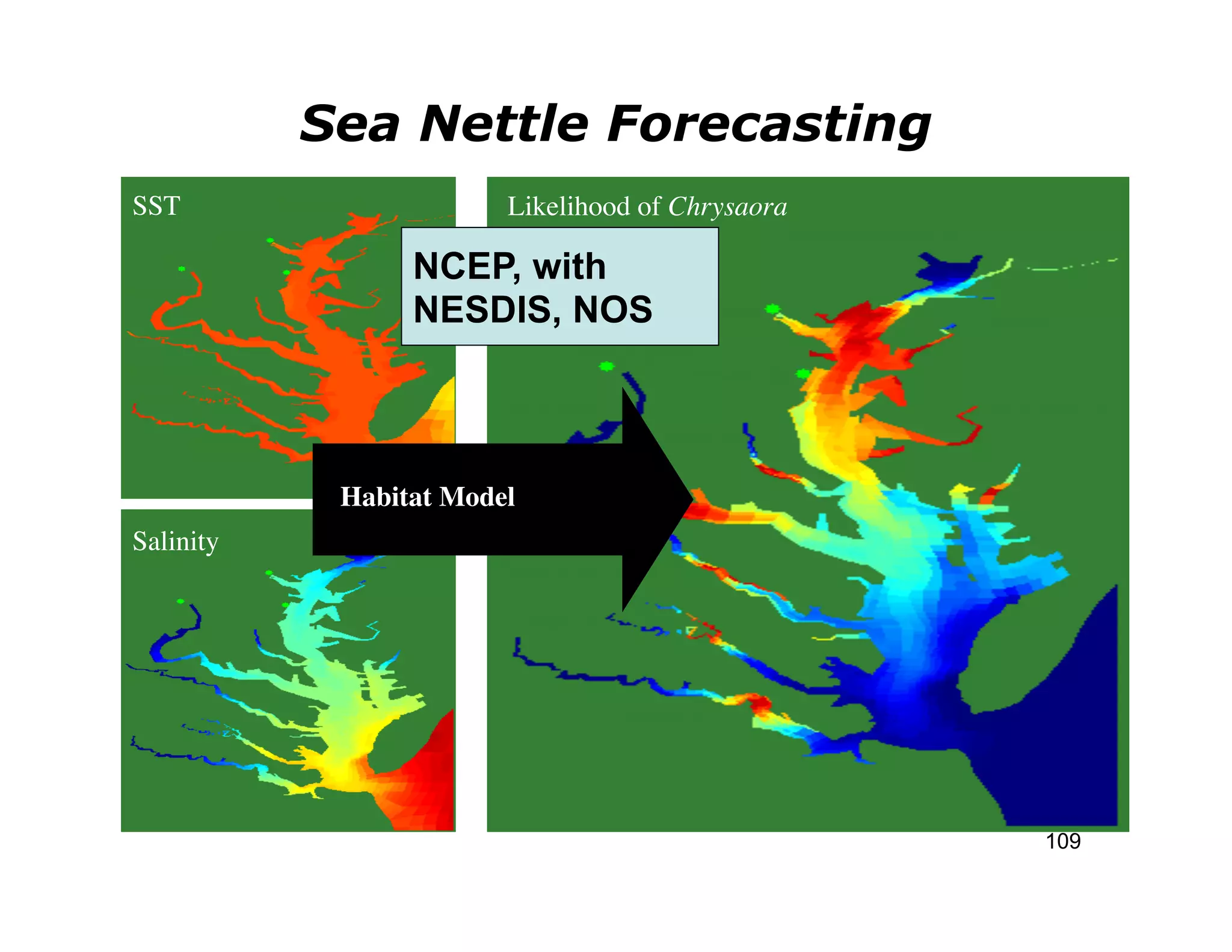 Sea Nettle Forecasting
SST	

                       Likelihood of Chrysaora	


                     NCEP, with
                     NESDIS, NOS



               Habitat Model	

Salinity	





                                                          109
 