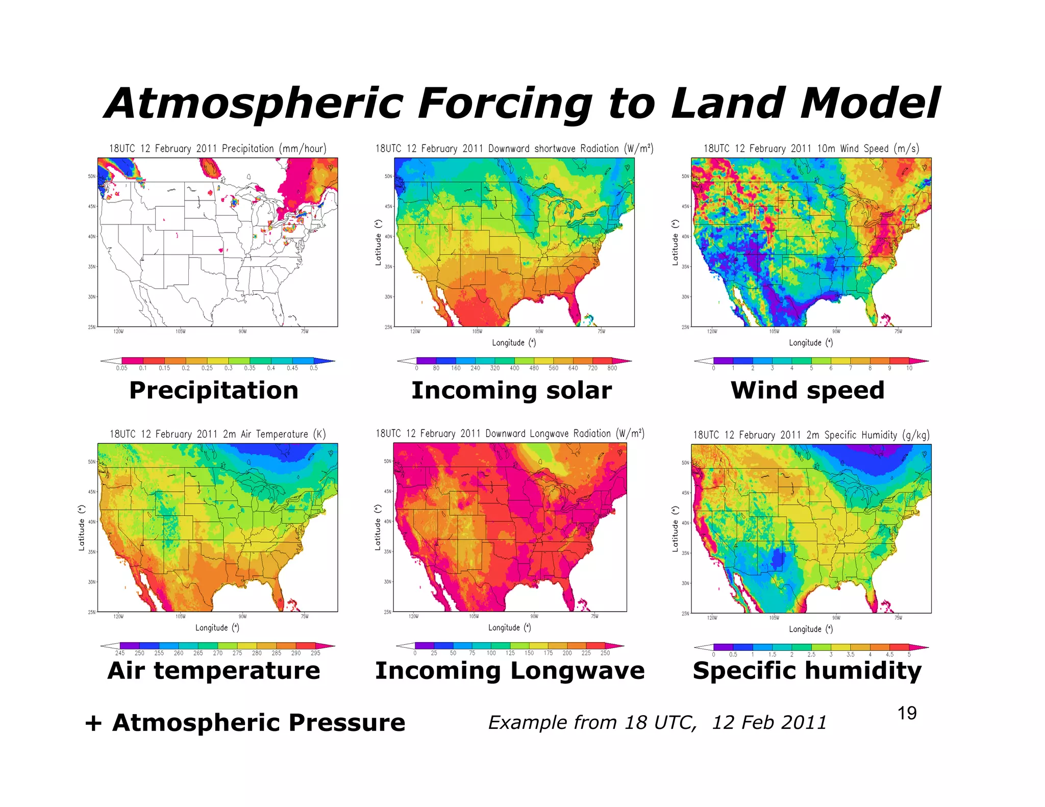 Atmospheric Forcing to Land Model




   Precipitation         Incoming solar             Wind speed




 Air temperature   Incoming Longwave             Specific humidity
                                                                 19
+ Atmospheric Pressure        Example from 18 UTC, 12 Feb 2011
 