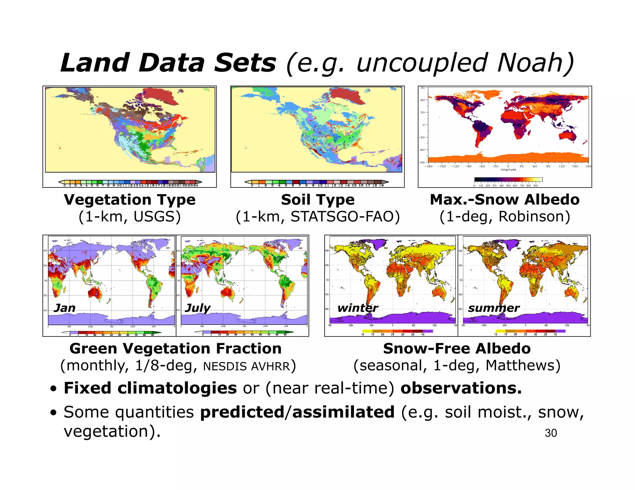 Land Data Sets (e.g. uncoupled Noah)




 Vegetation Type             Soil Type         Max.-Snow Albedo
  (1-km, USGS)          (1-km, STATSGO-FAO)     (1-deg, Robinson)




Jan              July               winter          summer


  Green Vegetation Fraction               Snow-Free Albedo
 (monthly, 1/8-deg, NESDIS AVHRR)     (seasonal, 1-deg, Matthews)
• Fixed climatologies or (near real-time) observations.
• Some quantities predicted/assimilated (e.g. soil moist., snow,
  vegetation).                                              30
 