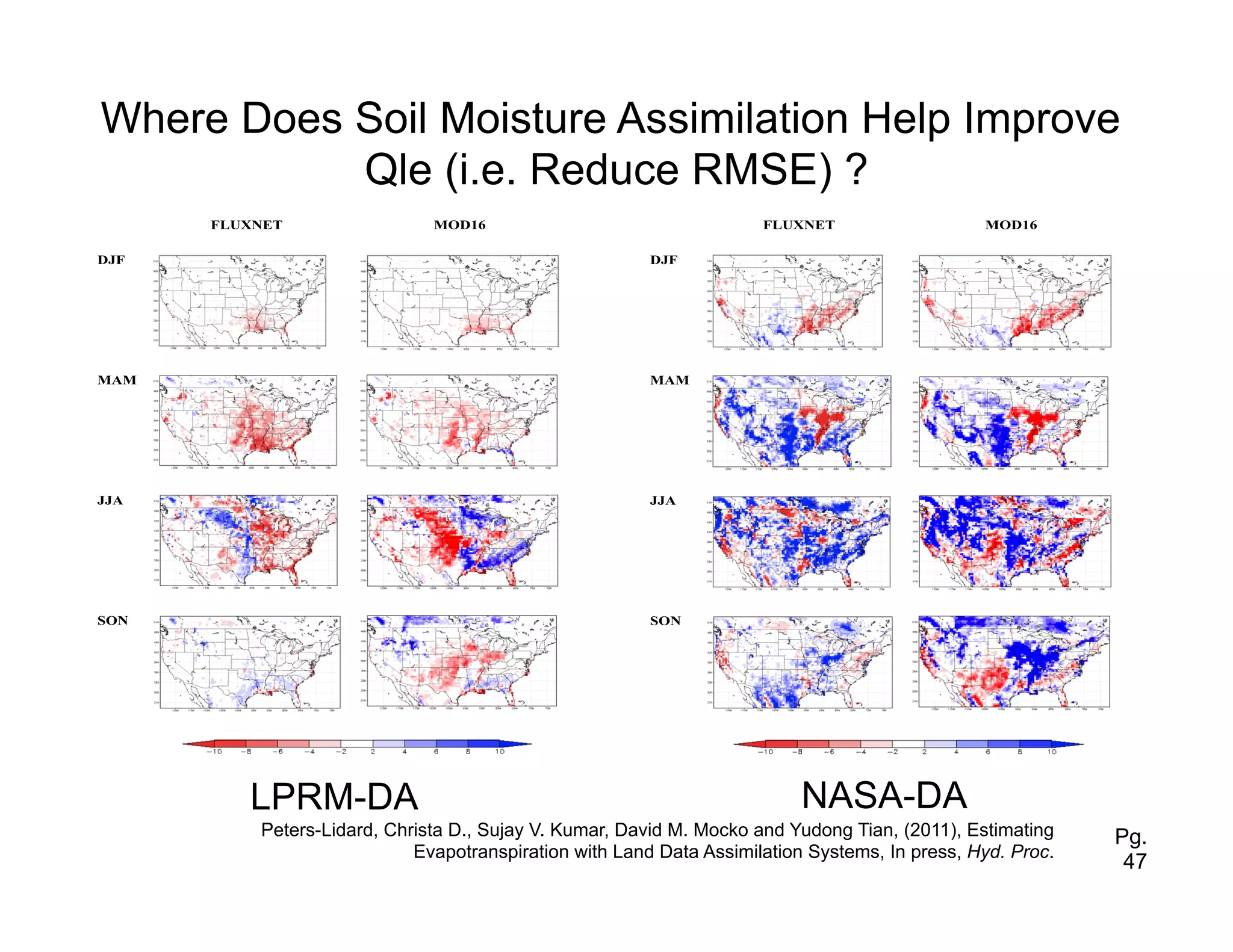 Where Does Soil Moisture Assimilation Help Improve
               Qle (i.e. Reduce RMSE) ?
          FLUXNET                 MOD16                                  FLUXNET                   MOD16

    DJF                                                     DJF




    MAM                                                     MAM




    JJA                                                     JJA




    SON                                                     SON




1                                                1

             LPRM-DA                                                          NASA-DA
              Peters-Lidard, Christa D., Sujay V. Kumar, David M. Mocko and Yudong Tian, (2011), Estimating    Pg.
                                Evapotranspiration with Land Data Assimilation Systems, In press, Hyd. Proc.
                                                                                                                47
 