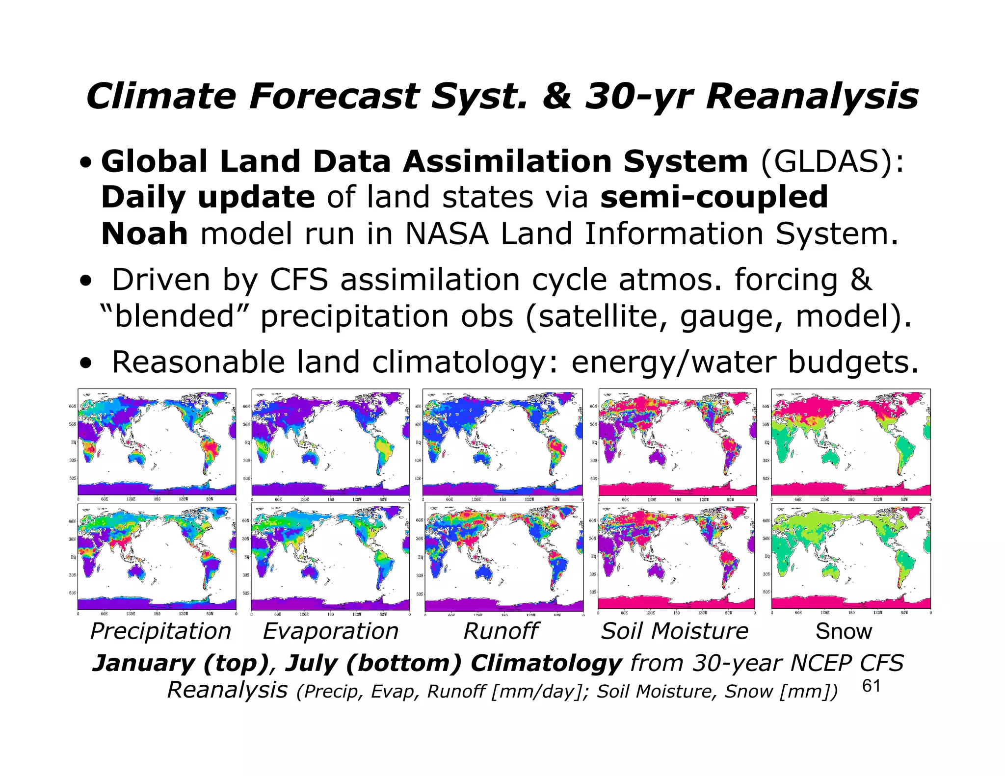 Climate Forecast Syst. & 30-yr Reanalysis
• Global Land Data Assimilation System (GLDAS):
  Daily update of land states via semi-coupled
  Noah model run in NASA Land Information System.
•  Driven by CFS assimilation cycle atmos. forcing &
  “blended” precipitation obs (satellite, gauge, model).
•  Reasonable land climatology: energy/water budgets.




Precipitation Evaporation           Runoff        Soil Moisture          Snow
January (top), July (bottom) Climatology from 30-year NCEP CFS
       Reanalysis (Precip, Evap, Runoff [mm/day]; Soil Moisture, Snow [mm]) 61
 