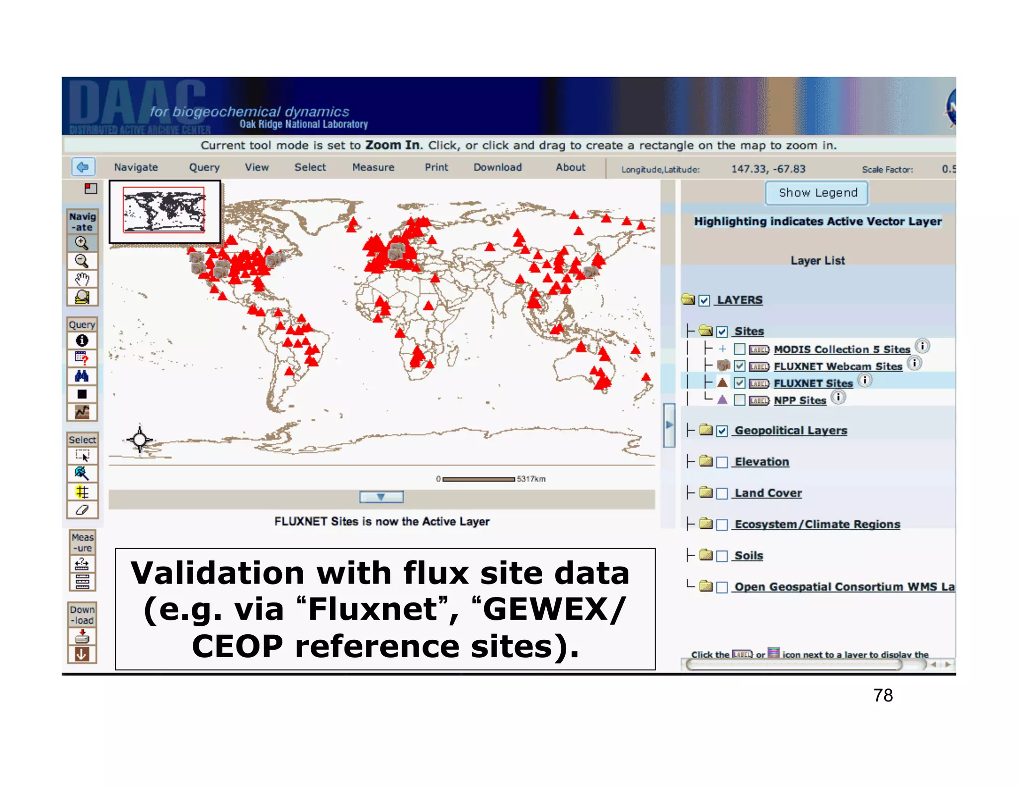 Validation with flux site data
 (e.g. via Fluxnet , GEWEX/
    CEOP reference sites).
                                 78
 