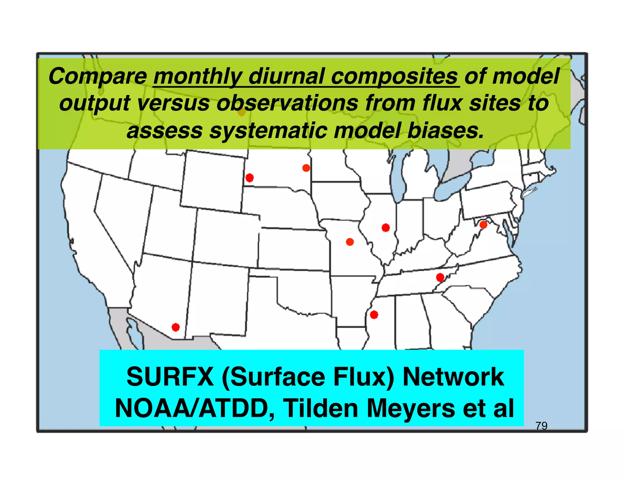 Compare monthly diurnal composites of model!
 output versus observations from ﬂux sites to!
       assess systematic model biases. !




      SURFX (Surface Flux) Network!
     NOAA/ATDD, Tilden Meyers et al!       79
 
