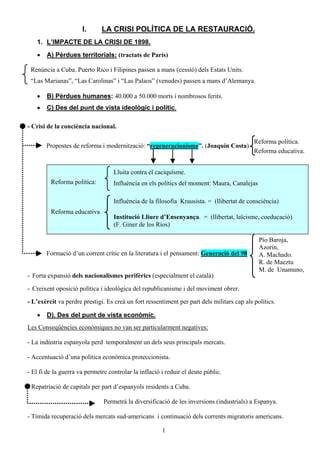 I.      LA CRISI POLÍTICA DE LA RESTAURACIÓ.
   1. L’IMPACTE DE LA CRISI DE 1898.
   •   A) Pèrdues territorials: (tractats de París)

 Renúncia a Cuba. Puerto Rico i Filipines passen a mans (cessió) dels Estats Units.
 “Las Marianas”, “Las Carolinas” i “Las Palaos” (venudes) passen a mans d’Alemanya.

   •   B) Pèrdues humanes: 40.000 a 50.000 morts i nombrosos ferits.
   •   C) Des del punt de vista ideològic i polític.

- Crisi de la conciència nacional.

                                                                                            Reforma política.
       Propostes de reforma i modernització: “regeneracionisme”. (Joaquín Costa)
                                                                                            Reforma educativa.


                                   Lluita contra el caciquisme.
         Reforma política:         Influència en els polítics del moment: Maura, Canalejas

                                   Influència de la filosofia Krausista. = (llibertat de consciència)
         Reforma educativa
                                   Institució Lliure d’Ensenyança. = (llibertat, laïcisme, coeducació)
                                   (F. Giner de los Ríos)

                                                                                              Pío Baroja,
                                                                                              Azorín,
       Formació d’un corrent crític en la literatura i el pensament: Generació del 98         A. Machado.
                                                                                              R. de Maeztu
                                                                                              M. de Unamuno,
- Forta expansió dels nacionalismes perifèrics (especialment el català)

- Creixent oposició política i ideològica del republicanisme i del moviment obrer.

- L’exèrcit va perdre prestigi. Es creà un fort ressentiment per part dels militars cap als polítics.

   •   D). Des del punt de vista econòmic.
Les Conseqüències econòmiques no van ser particularment negatives:

- La indústria espanyola perd temporalment un dels seus principals mercats.

- Accentuació d’una política econòmica proteccionista.

- El fi de la guerra va permetre controlar la inflació i reduir el deute públic.

- Repatriació de capitals per part d’espanyols residents a Cuba.

                               Permetrà la diversificació de les inversions (industrials) a Espanya.

- Tímida recuperació dels mercats sud-americans i continuació dels corrents migratoris americans.

                                                       1
 