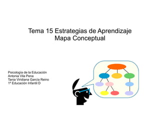 Tema 15 Estrategias de Aprendizaje
                     Mapa Conceptual




Psicología de la Educación
Antonia Vila Pena
Tania Viridiana García Reino
1º Educación Infantil D
 