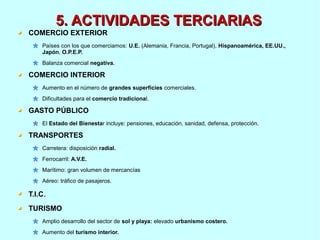5. ACTIVIDADES TERCIARIAS5. ACTIVIDADES TERCIARIAS
COMERCIO EXTERIOR
Países con los que comerciamos: U.E. (Alemania, Francia, Portugal), Hispanoamérica, EE.UU.,
Japón, O.P.E.P.
Balanza comercial negativa.
COMERCIO INTERIOR
Aumento en el número de grandes superficies comerciales.
Dificultades para el comercio tradicional.
GASTO PÚBLICO
El Estado del Bienestar incluye: pensiones, educación, sanidad, defensa, protección.
TRANSPORTES
Carretera: disposición radial.
Ferrocarril: A.V.E.
Marítimo: gran volumen de mercancías
Aéreo: tráfico de pasajeros.
T.I.C.
TURISMO
Amplio desarrollo del sector de sol y playa: elevado urbanismo costero.
Aumento del turismo interior.
 
