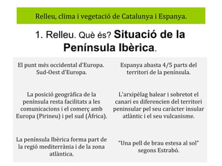 Relleu, clima i vegetació de Catalunya i Espanya.

1. Relleu. Què és? Situació de la

Península Ibèrica.
El punt més occidental d’Europa.
Sud-Oest d’Europa.

Espanya abasta 4/5 parts del
territori de la península.

La posició geogràfica de la
L'arxipèlag balear i sobretot el
península resta facilitats a les
canari es diferencien del territori
comunicacions i el comerç amb
peninsular pel seu caràcter insular
Europa (Pirineu) i pel sud (Àfrica).
atlàntic i el seu vulcanisme.

La península Ibèrica forma part de
la regió mediterrània i de la zona
atlàntica.

“Una pell de brau estesa al sol”
segons Estrabó.

 
