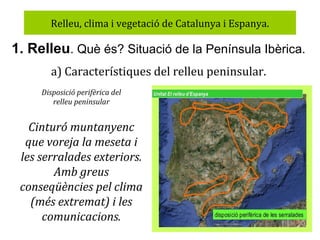 Relleu, clima i vegetació de Catalunya i Espanya.

1. Relleu. Què és? Situació de la Península Ibèrica.
a) Característiques del relleu peninsular.
Disposició perifèrica del
relleu peninsular

Cinturó muntanyenc
que voreja la meseta i
les serralades exteriors.
Amb greus
conseqüències pel clima
(més extremat) i les
comunicacions.

 
