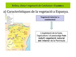 Relleu, clima i vegetació de Catalunya i Espanya.

a) Característiques de la vegetació a Espanya.
Vegetació interior o
continental

L'explotació de la fusta,
l'agricultura i el pasturatge han
reduït vegetació natural
del interior de la Península

 