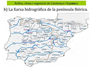 Relleu, clima i vegetació de Catalunya i Espanya.

b) La Xarxa hidrogràfica de la península Ibèrica.

 