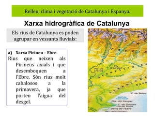 Relleu, clima i vegetació de Catalunya i Espanya.

Xarxa hidrogràfica de Catalunya
Els rius de Catalunya es poden
agrupar en vessants fluvials:
a) Xarxa Pirineu – Ebre.

Rius que neixen als
Pirineus axials i que
desemboquen
a
l’Ebre. Són rius molt
cabalosos
a
la
primavera, ja que
porten l’aigua del
desgel.

 