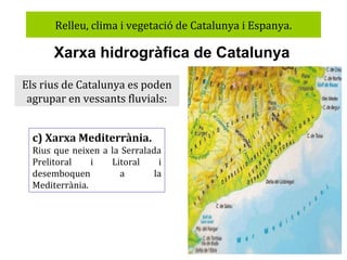 Relleu, clima i vegetació de Catalunya i Espanya.

Xarxa hidrogràfica de Catalunya
Els rius de Catalunya es poden
agrupar en vessants fluvials:
c) Xarxa Mediterrània.
Rius que neixen a la Serralada
Prelitoral
i
Litoral
i
desemboquen
a
la
Mediterrània.

 