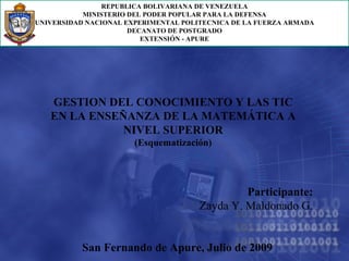 REPUBLICA BOLIVARIANA DE VENEZUELA MINISTERIO DEL PODER POPULAR PARA LA DEFENSA UNIVERSIDAD NACIONAL EXPERIMENTAL POLITECNICA DE LA FUERZA ARMADA DECANATO DE POSTGRADO EXTENSIÓN - APURE   GESTION DEL CONOCIMIENTO Y LAS TIC EN LA ENSEÑANZA DE LA MATEMÁTICA A NIVEL SUPERIOR (Esquematización) Participante: Zayda Y. Maldonado G.       San Fernando de Apure, Julio de 2009 