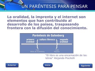 UN PARÉNTESIS PARA PENSAR 
La oralidad, la imprenta y el internet son 
elementos que han contribuido al 
desarrollo de los países, traspasando 
frontera con la difusión del conocimiento. 
“El libro es una encarnación de las 
letras” Alejando Piscitelli 
 