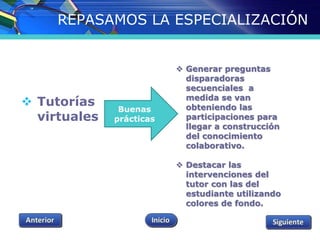 REPASAMOS LA ESPECIALIZACIÓN 
 Tutorías 
virtuales 
 Generar preguntas 
disparadoras 
secuenciales a 
medida se van 
obteniendo las 
participaciones para 
llegar a construcción 
del conocimiento 
colaborativo. 
 Destacar las 
intervenciones del 
tutor con las del 
estudiante utilizando 
colores de fondo. 
Buenas 
prácticas 
 