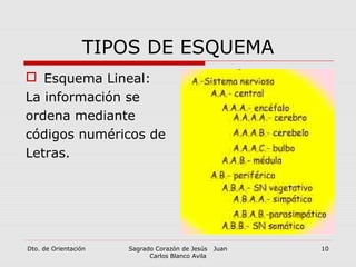 Dto. de Orientación Sagrado Corazón de Jesús Juan
Carlos Blanco Avila
10
TIPOS DE ESQUEMA
 Esquema Lineal:
La información se
ordena mediante
códigos numéricos de
Letras.
 