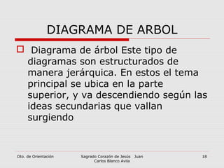 DIAGRAMA DE ARBOL
 Diagrama de árbol Este tipo de
diagramas son estructurados de
manera jerárquica. En estos el tema
principal se ubica en la parte
superior, y va descendiendo según las
ideas secundarias que vallan
surgiendo
Dto. de Orientación Sagrado Corazón de Jesús Juan
Carlos Blanco Avila
18
 