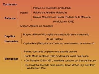 Cortesano Palacios Capillas funerarias Sinagogas Pedro I Palacio de Tordesillas (Valladolid) Palacio de Astudillo (Palencia) Reales Alcáceres de Sevilla (Portada de la Montería concluida en 1363) Aragón: Aljafería de Zaragoza Burgos. Alfonso VIII, capilla de la Asunción en el monasterio   de las Huelgas Capilla Real (Mezquita de Córdoba), enterramiento de Alfonso XI Partes: consta de un patio y una sala de oración Santa María la Blanca (XIII) fundada por Yosef ben Susan Del Tránsito (!354-1357), mandada construir por Samuel ha-Leví De Córdoba (fechada entre ambas) Isaac Mohed, hijo de Efraín  Waddawa (1315) 