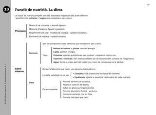 20

   10                                                           Funció de nutrició. La dieta
                                                                La funció de nutrició comprén tots els processos mitjançant els quals obtenim
                                                                i aprofitem els nutrients i l’oxigen que necessitem per a viure.


                                                                               Obtenció de nutrients     Aparell digestiu.
                                                                               Obtenció d’oxigen     Aparell respiratori.
                                                                Processos
                                                                               Repartiment pel cos i recollida de residus    Aparell circulatori.
                                                                               Eliminació de residus    Aparell excretor.


                                                                                             Són els components dels aliments que necessitem per a viure.

                                                                                                           Hidrats de carboni o glúcids: aporten energia.
                                                                                                           Lípids: aporten energia.
                                                                               Nutrients
                                                                                             Tipus         Proteïnes: aporten substàncies per a créixer i reparar el nostre cos.
                                                                                                           Vitamines i minerals: són imprescindibles per al funcionament correcte de l’organisme.
                                                                                                           Aigua: forma la major part del nostre cos i hem de compensar-ne la pèrdua.
   © 2009 Edicions Voramar, S. A./Santillana Educación, S. L.




                                                                Convé                        Conjunt d’aliments que menja una persona habitualment.
                                                                saber-ne
                                                                                                                                   ompleta: ens proporciona tot tipus de nutrients.
                                                                                                                                  C
                                                                                             La dieta saludable ha de ser
                                                                                                                                   quilibrada: aporta la quantitat necessària de cada nutrient.
                                                                                                                                  E

                                                                               Dieta                                  Prendre aliments de tot tipus.
                                                                                                                      Reduir el consum de dolços.
                                                                                                                      Evitar els greixos d’origen animal.
                                                                                             És recomanable
                                                                                                                      Prendre abundants fruites i verdures.
                                                                                                                      Consumir aliments rics en fibra.
                                                                                                                      Prendre més peix que carn.




166113 _ 0001-0064.indd 20                                                                                                                                                                          17/2/09 12:35:06
 