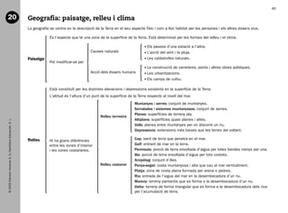 40

   20                                                           Geografia: paisatge, relleu i clima
                                                                La geografia se centra en la descripció de la Terra en el seu aspecte físic i com a lloc habitat per les persones i els altres éssers vius.

                                                                             És l’aspecte que té una zona de la superfície de la Terra. Està determinat per les formes del relleu i el clima.

                                                                                                                                         E
                                                                                                                                          ls passos d’una estació a l’altra.
                                                                                                      Causes naturals                    L
                                                                                                                                          ’acció del vent i la pluja.
                                                                Paisatge                                                                 L
                                                                                                                                          es catàstrofes naturals.
                                                                             Pot modificar-se per
                                                                                                                                         L
                                                                                                                                          a construcció de carreteres, ponts i altres obres públiques.
                                                                                                      Acció dels éssers humans           L
                                                                                                                                          es urbanitzacions.
                                                                                                                                         E
                                                                                                                                          ls camps de cultiu.

                                                                             Està constituït per les distintes elevacions i depressions existents en la superfície de la Terra.
                                                                             L’altitud és l’altura d’un punt de la superfície de la Terra respecte al nivell del mar.
                                                                                                                                 Muntanyes i serres: conjunt de muntanyes.
                                                                                                                                 Serralades i sistemes muntanyosos: conjunt de serres.
                                                                                                                                 Planes: superfícies de terreny pla.
                                                                                                            Relleu terrestre
                                                                                                                                 Altiplans: superfícies quasi planes i altes.
   © 2009 Edicions Voramar, S. A./Santillana Educación, S. L.




                                                                                                                                 Valls: planes entre muntanyes per on discorre un riu.
                                                                                                                                 Depressions: extensions més baixes que les terres del voltant.

                                                                Relleu       Hi ha grans diferències                             Cap: ixent de terra que penetra en el mar.
                                                                             entre les zones d’interior                          Golf: entrant de mar en la terra.
                                                                             i les zones costaneres.                             Península: porció de terra envoltada d’aigua per totes bandes menys per una.
                                                                                                                                 Illa: porció de terra envoltada d’aigua per tots costats.
                                                                                                                                 Arxipèlag: conjunt d’illes.
                                                                                                            Relleu costaner      Penya-segat: costa muntanyosa i alta que cau al mar verticalment.
                                                                                                                                 Platja: zona de costa plana formada per arena o pedres.
                                                                                                                                 Ria: entrada de l’aigua del mar en la desembocadura d’un riu.
                                                                                                                                 Mareny: terreny pantanós que es forma a la desembocadura d’un riu.
                                                                                                                                 Delta: terreny de forma triangular que es forma a la desembocadura dels rius
                                                                                                                                 per l’acumulació de terra.




166113 _ 0001-0064.indd 40                                                                                                                                                                                      17/2/09 12:35:19
 