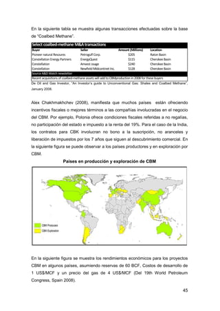 45
En la siguiente tabla se muestra algunas transacciones efectuadas sobre la base
de “Coalbed Methane”.
De Oil and Gas Investor, “An Investor’s guide to Unconventional Gas: Shales and Coalbed Methane”,
January 2008.
Alex Chakhmakhchev (2008), manifiesta que muchos países están ofreciendo
incentivos fiscales o mejores términos a las compañías involucradas en el negocio
del CBM. Por ejemplo, Polonia ofrece condiciones fiscales referidas a no regalías,
no participación del estado e impuesto a la renta del 19%. Para el caso de la India,
los contratos para CBK involucran no bono a la suscripción, no aranceles y
liberación de impuestos por los 7 años que siguen al descubrimiento comercial. En
la siguiente figura se puede observar a los países productores y en exploración por
CBM.
Países en producción y exploración de CBM
En la siguiente figura se muestra los rendimientos económicos para los proyectos
CBM en algunos países, asumiendo reservas de 60 BCF, Costos de desarrollo de
1 US$/MCF y un precio del gas de 4 US$/MCF (Del 19th World Petroleum
Congress, Spain 2008).
Select coalbed-methane M&A transactions
Buyer Seller Amount (Millions) Location
Pioneer natural Resoures Petrogulf Corp. $205 Raton Basin
Constellation Energy Partners EnergyQuest $115 Cherokee Basin
Constellation Amvest osage $240 Cherokee Basin
Constellation Newfield Midcontinet Inc. $128 Cherokee Basin
Source A&D Watch newsletter
Recent acquisitions of coalbed-methane assets will add to CBMproduction in 2008 for these buyers
 