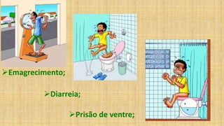 Emagrecimento;
Diarreia;
Prisão de ventre;
 