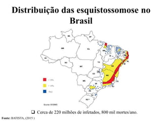 Distribuição das esquistossomose no
Brasil
 Cerca de 220 milhões de infetados, 800 mil mortes/ano.
Fonte: BATISTA, (2015 )
 