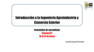 Lourdes Esquivel Paredes
Introducción a la Ingeniería Agroindustria y
Comercio Exterior
Contenidos de aprendizaje
Semana 01
18 al 24 de Enero
 