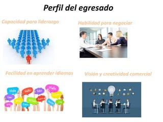 Facilidad en aprender idiomas
Capacidad para liderazgo
Perfil del egresado
Habilidad para negociar
Visión y creatividad comercial
 