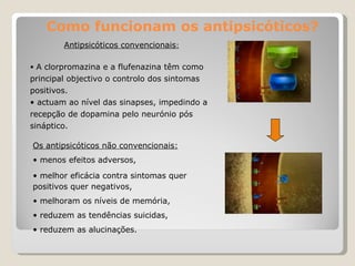 Como funcionam os antipsicóticos? A clorpromazina e a flufenazina têm como principal objectivo o controlo dos sintomas positivos. actuam ao nível das sinapses, impedindo a recepção de dopamina pelo neurónio pós sináptico. Os antipsicóticos não convencionais: menos efeitos adversos, melhor eficácia contra sintomas quer  positivos quer negativos, melhoram os níveis de memória,  reduzem as tendências suicidas, reduzem as alucinações. Antipsicóticos convencionais : 